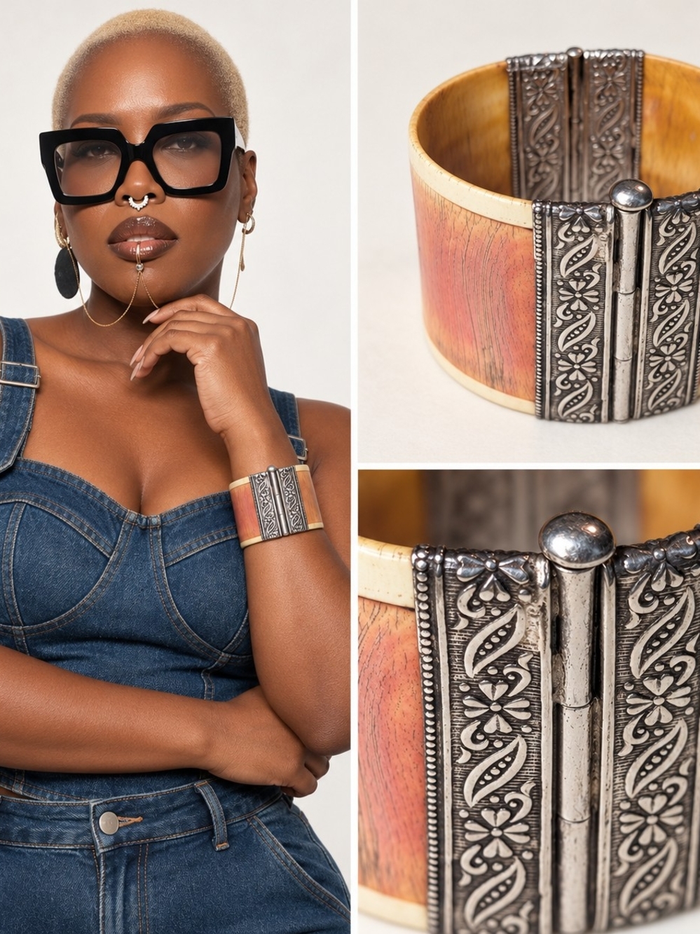 Wood and Silver Hinged Cuff Bracelet - Orange-Tone